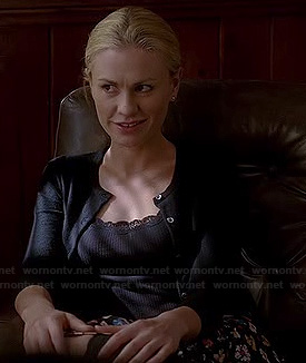 Sookie's black floral skirt, ribbed lace trim cami and black cardigan on True Blood