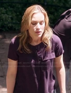 Annie's purple short sleeve blouse with front pockets on Covert Affairs