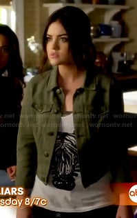 Aria's zebra face top and army green jacket on Pretty Little Liars