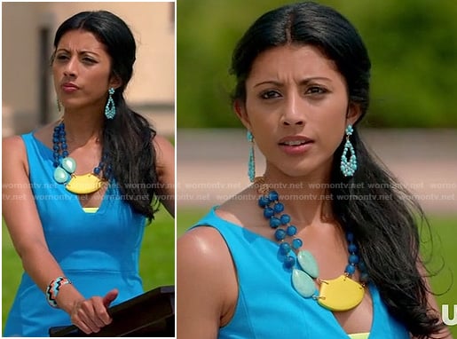 Divya's turquoise blue v-neck dress and yellow statement necklace on Royal Pains