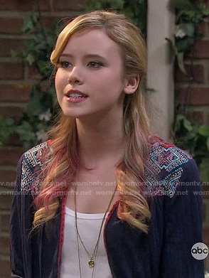 Lennox's navy blue embroidered cardigan on Melissa & Joey