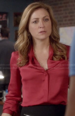 Maura's red satin blouse on Rizzoli and Isles