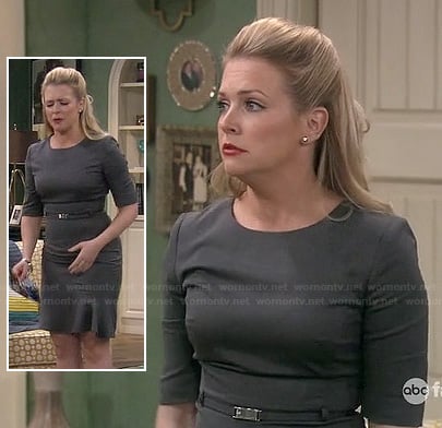 Mel's grey elbow sleeve dress with ruffled hem on Melissa and Joey