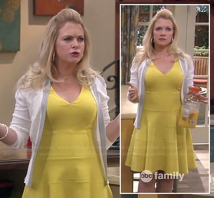 Mel's yellow flared bandage dress on Melissa and Joey