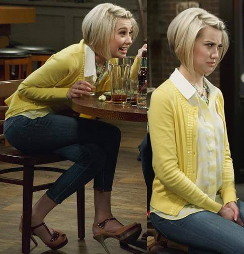 Riley's yellow beaded cardigan, polka dot top and two-tone sandals on Baby Daddy