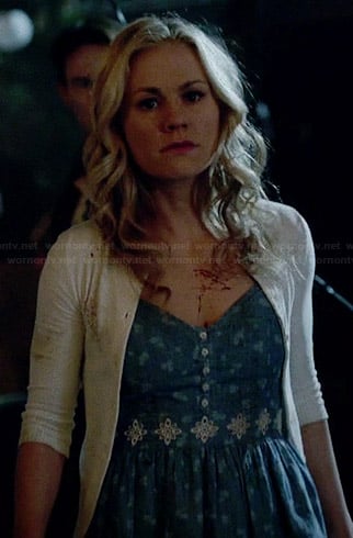Sookie's floral embroidered chambray dress and white cardigan on True Blood