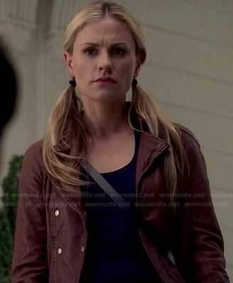 Sookie's brown leather double breasted jacket on True Blood