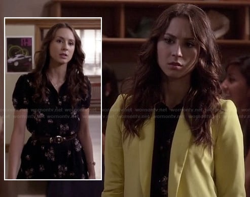 Spencer's black floral dress and yellow blazer on Pretty Little Liars