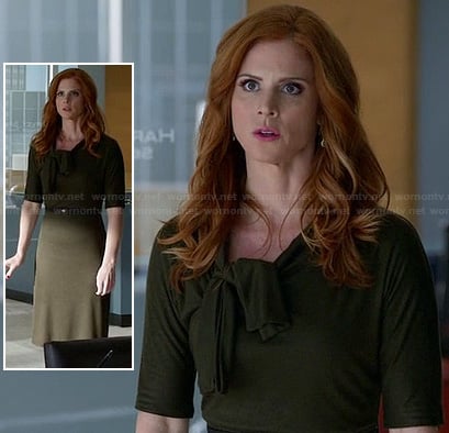 Donna's olive green dress with neck bow on Suits