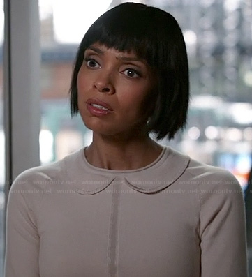 Camille's white peter pan collar sweater on Bones