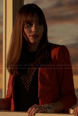 Charlotte's red leather jacket and black chevron detail top on Revenge