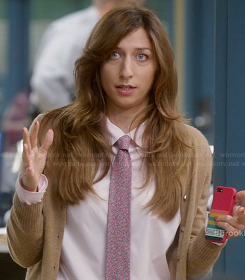 Gina's floral neck tie, brown cardigan and striped iPhone case on Brooklyn Nine Nine