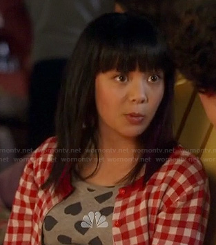 Grace's grey heart print top and red gingham check cardigan on Camp