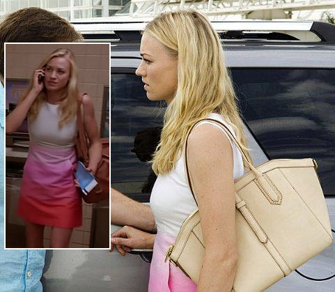 Hannah's orange, pink and white ombre dress and beige tote on Dexter