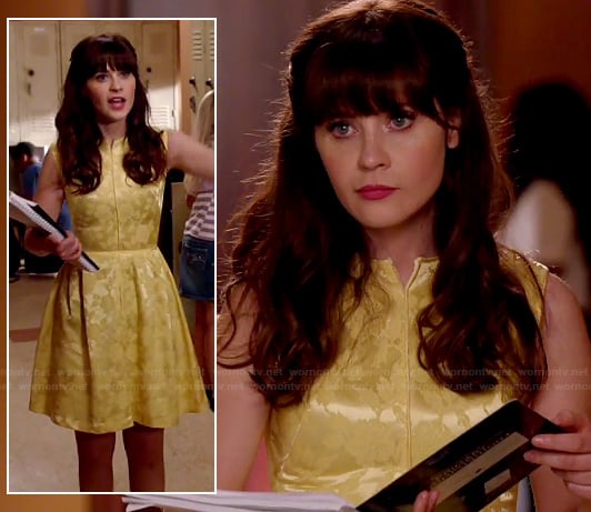 Jess's yellow jacquard dress on New Girl