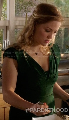Julia's green pleated v-neck dress on Parenthood