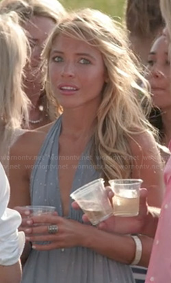 Katie's slate blue dot print halter dress on The Vineyard