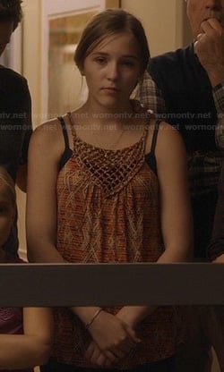 Maddie's orange printed crochet front top on Nashville