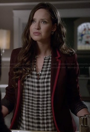 Olivia's burgundy blazer with pink trim on Ravenswood