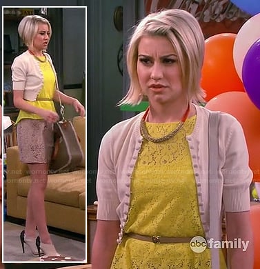 Riley's yellow lace top, cropped cardigan and two-tone booties 