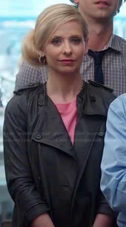 Sydney's black leather-look trench coat on The Crazy Ones