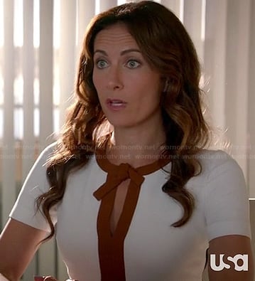 Shelby's white dress with brown tie front on Royal Pains