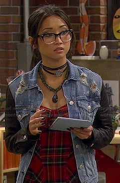 Veronica's plaid bustier top and denim jacket with leather sleeves on Dads