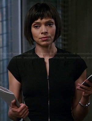 Camille's black zip front dress on Bones