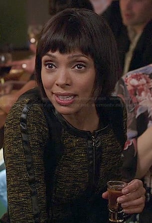 Camille's tweed jacket with leather trim on Bones