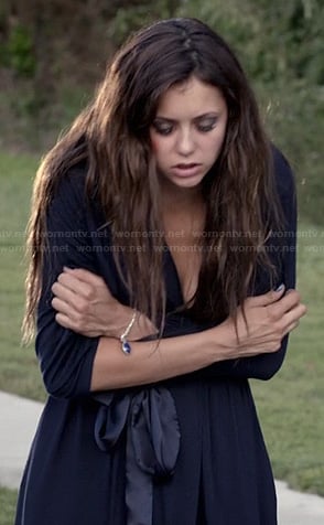 Katherine's navy bathrobe with satin waist tie on The Vampire Diaries