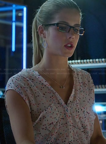 Felicity's white top with multi-colored dots on Arrow