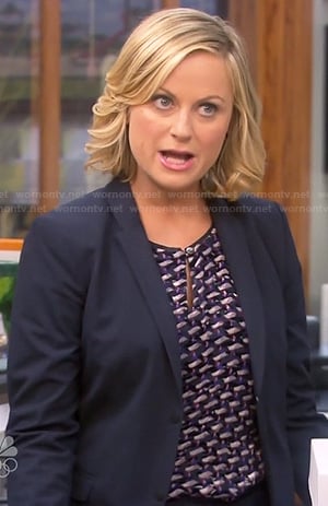 Leslie's navy printed keyhole top on Parks and Recreation