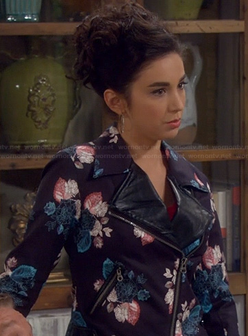 Mandy's floral print moto jacket with leather lapels on Last Man Standing