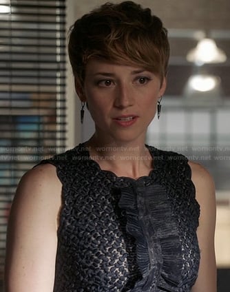 Margaux's black ruffle front dress on Revenge