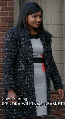 Mindy's grey colorblock dress and grey boucle coat on The Mindy Project