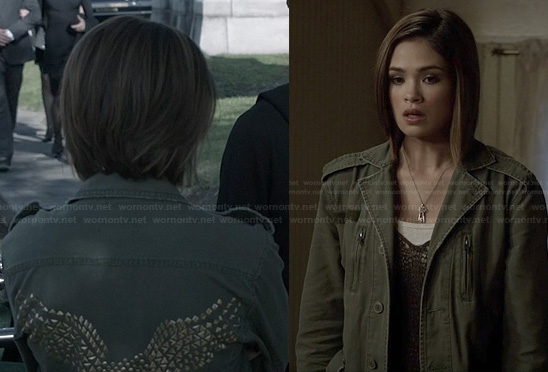 Miranda's green eagle studded jacket on Ravenswood