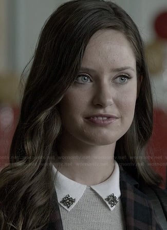 Olivia's grey sweater with white jeweled collar on Ravenswood