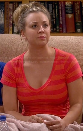 Penny's orange striped v-neck tee on The Big Bang Theory