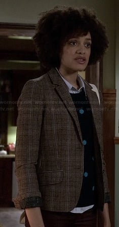 Remy's blue polka dot sweater and check print blazer on Ravenswood