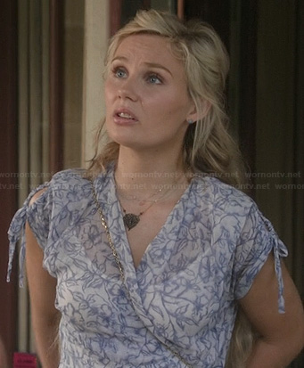 Scarlett's blue printed wrap midi dress on Nashville