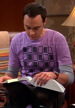 Sheldon's purple squares graphic tee on The Big Bang Theory