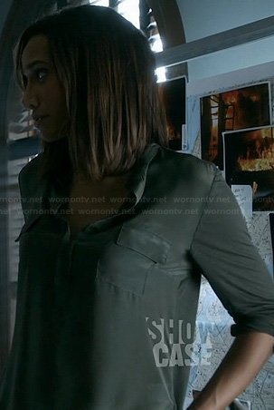 Tess's green roll-sleeve shirt on Beauty and the Beast