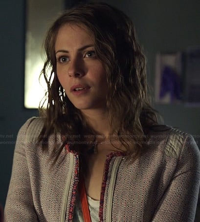 Thea's tweed jacket with fringed trim on Arrow