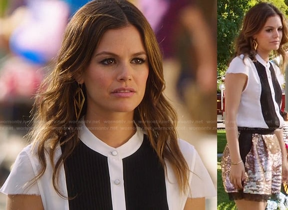 Zoe's black and white colorblock button front top and sequin shorts on Hart of Dixie