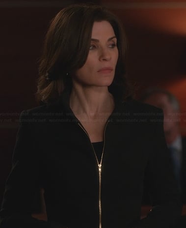 Alicia's black jacket with gold zip front on The Good Wife
