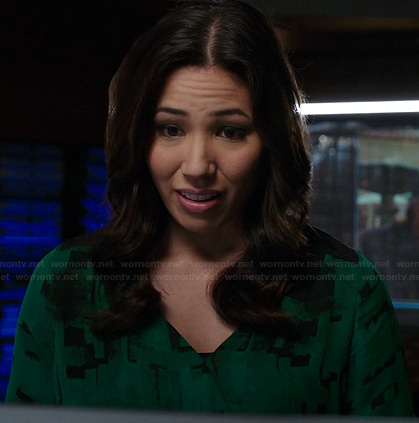 Angela's green and black printed wrap dress on Bones