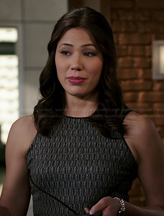 Angela's grey knit dress with contrast piping on Bones