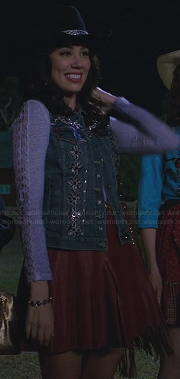 Angela's western outfit - red leather skirt, purple top and embellished denim vest on Bones