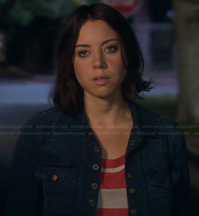 April's blue denim jacket and pink striped top on Parks and Recreation