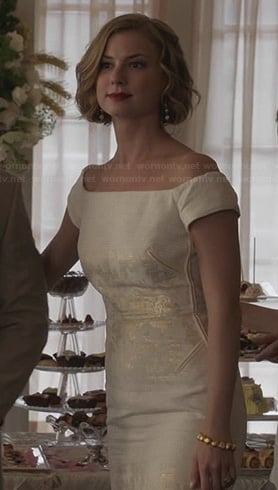Emily's white metallic off-shoulder dress on Revenge